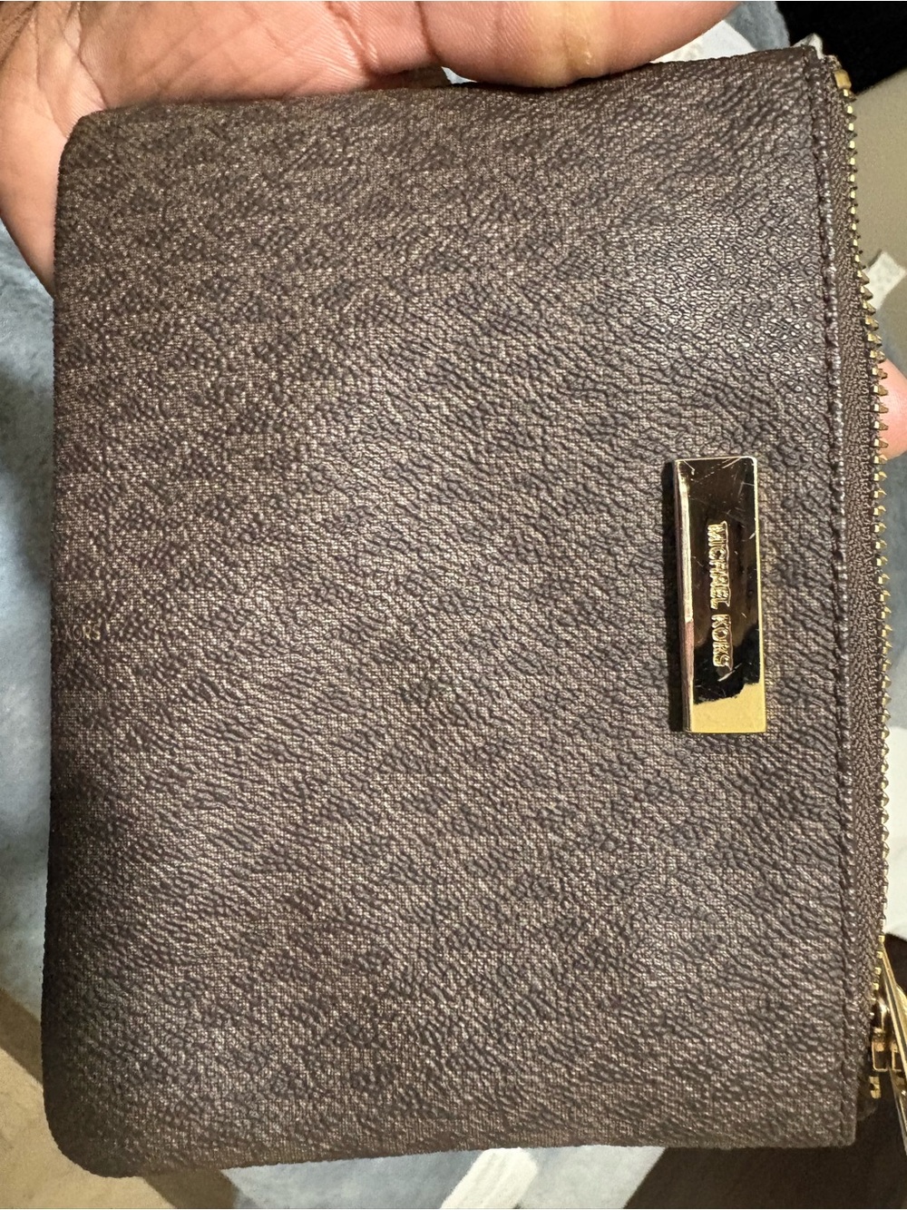 Michael Kors Dark Brown Leather Zip Card Wallet with Gold Plaque waistband
